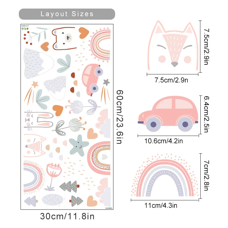 Illustrations of a fox, car, and various shapes with dimensions on a white background