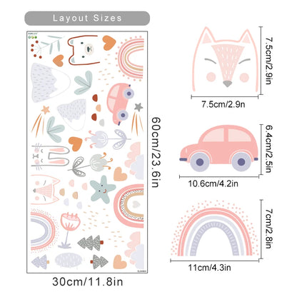 Illustrations of a fox, car, and various shapes with dimensions on a white background