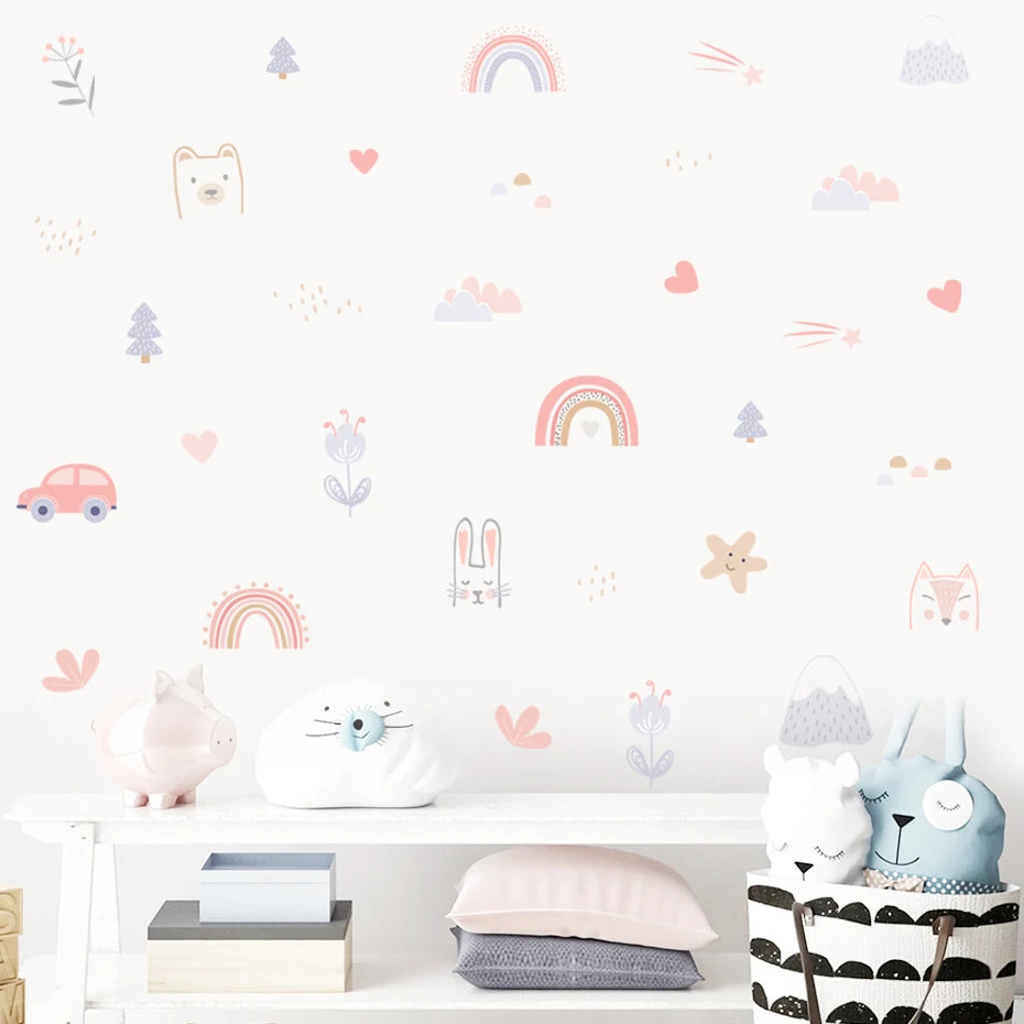Children's room with pastel-colored wall decals of animals, cars, and clouds.