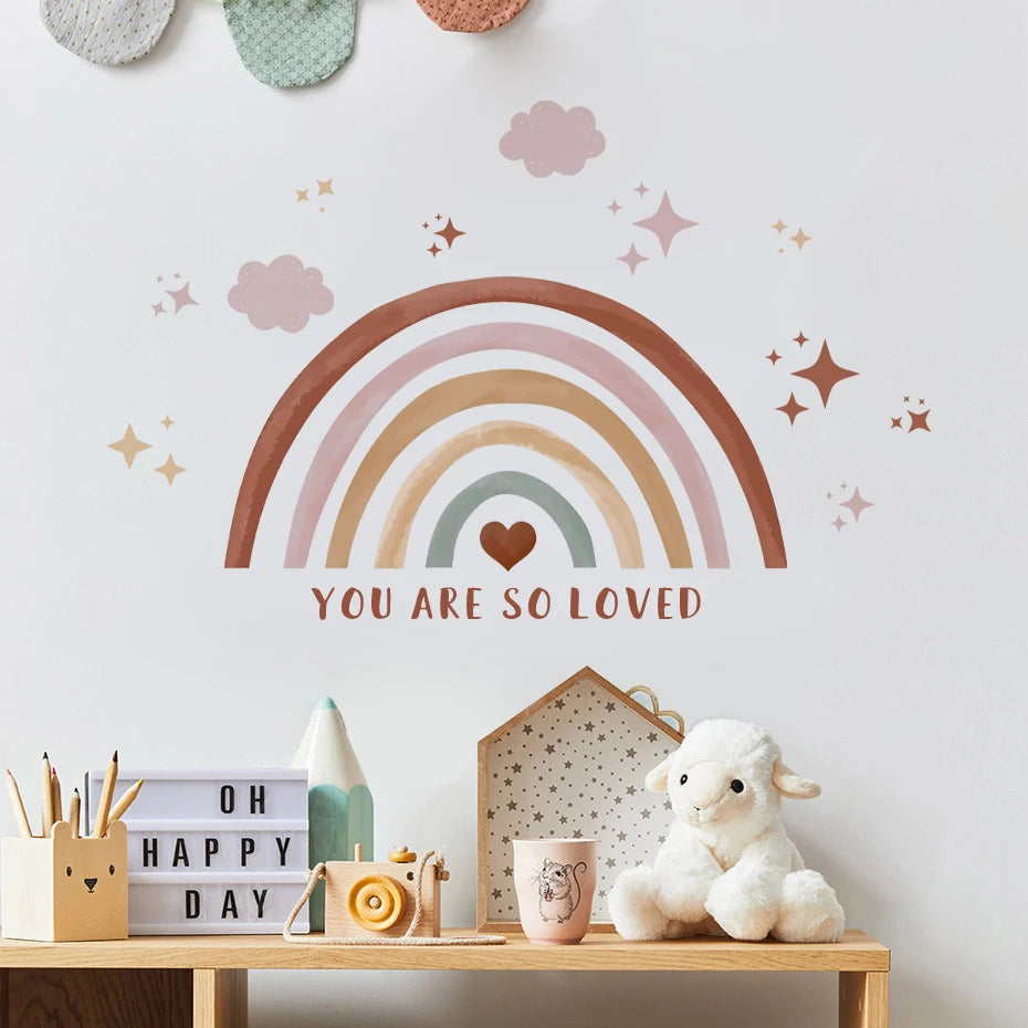 Rainbow, Clouds & Stars Wall Stickers – Loving Quote Watercolor Vinyl Wall Decals for Baby's’ Bedroom, Nursery & Playroom Decor