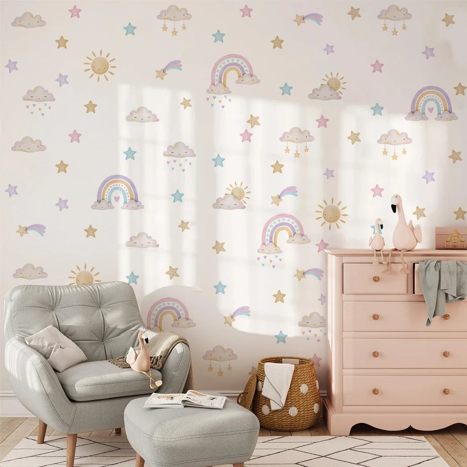 Rainbow Clouds Wall Decals – Soft Pastel Watercolor Vinyl Wall Stickers for Baby Room & Creative DIY Home Decor