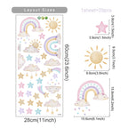 Sheet of decorative stickers with rainbow, cloud, and star designs, including measurements.