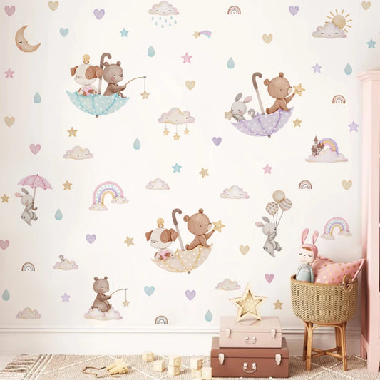 Children's room with wall stickers of animals and weather elements, including teddy bears, rabbits, and umbrellas.