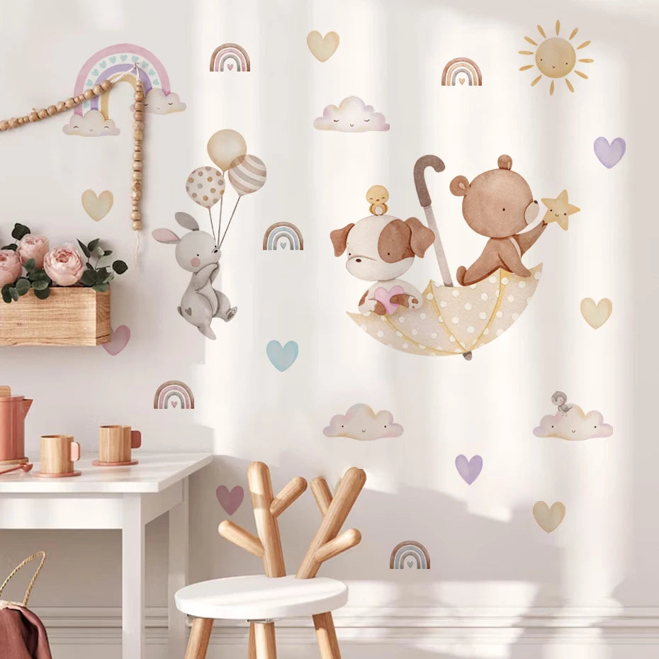 Rainbow Friends Wall Decals – Cartoon Bear Puppy Rabbit & Umbrella Stickers for Kids Room & Nursery Creative DIY Home Decor