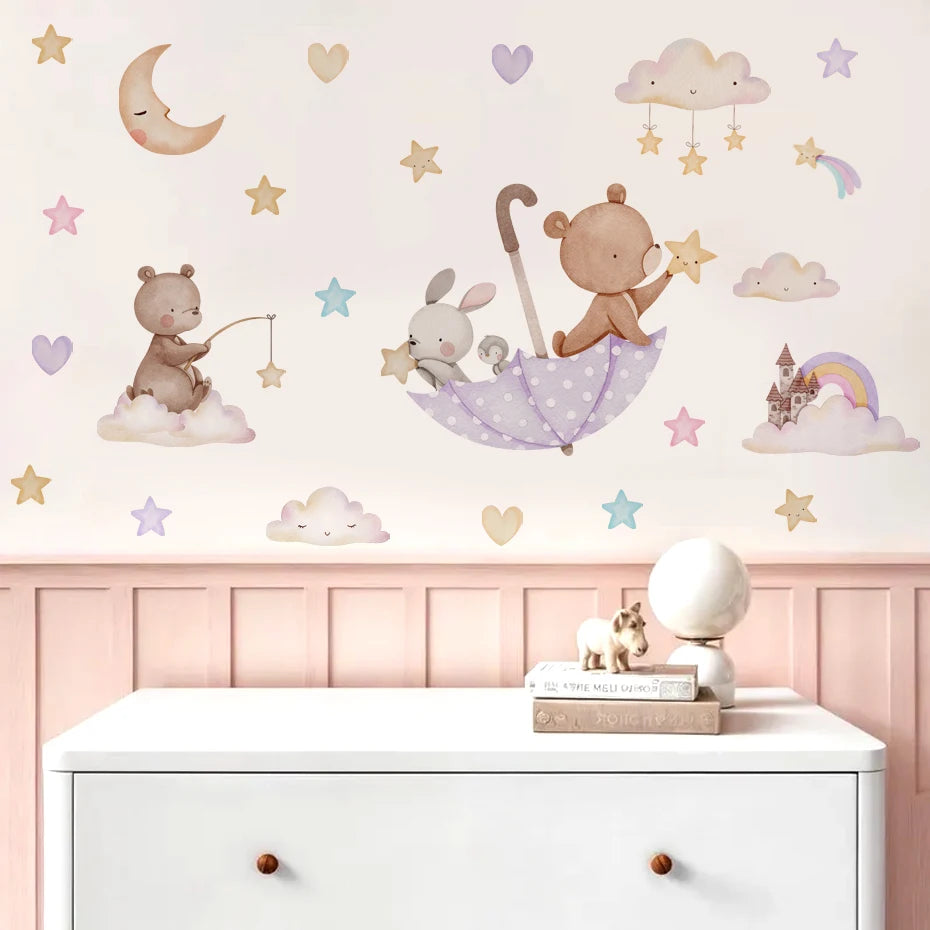 Children's room with decorative wall stickers featuring teddy bears, rabbits, and other elements on a light pink wall.