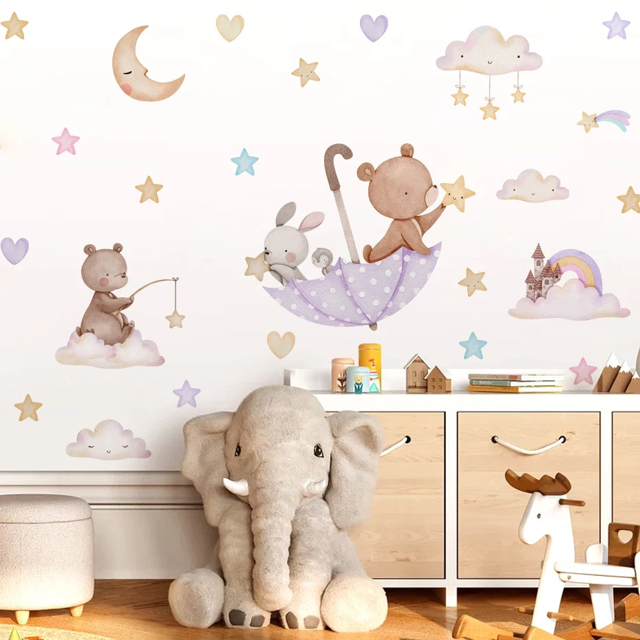 Children's room with wall stickers, toys, and furniture.