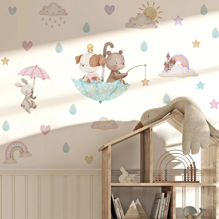 Children's room with decorative wall stickers of animals under an umbrella, rainbow, and clouds.
