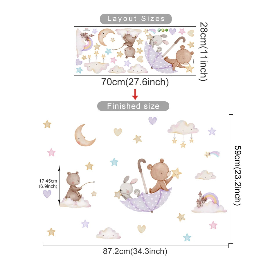 Wall stickers with cartoon animals and measurements on a white background