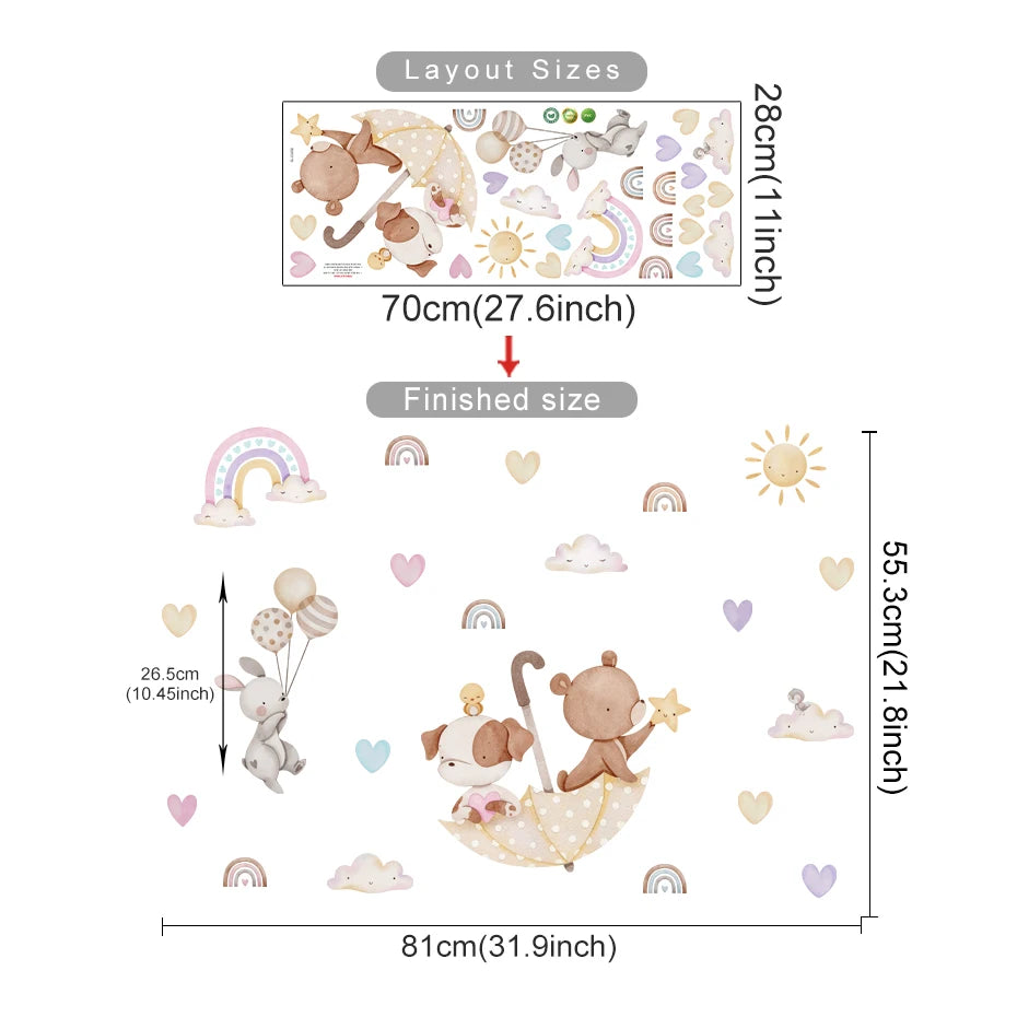 Measurement chart of wall stickers with layout sizes and finished dimensions.