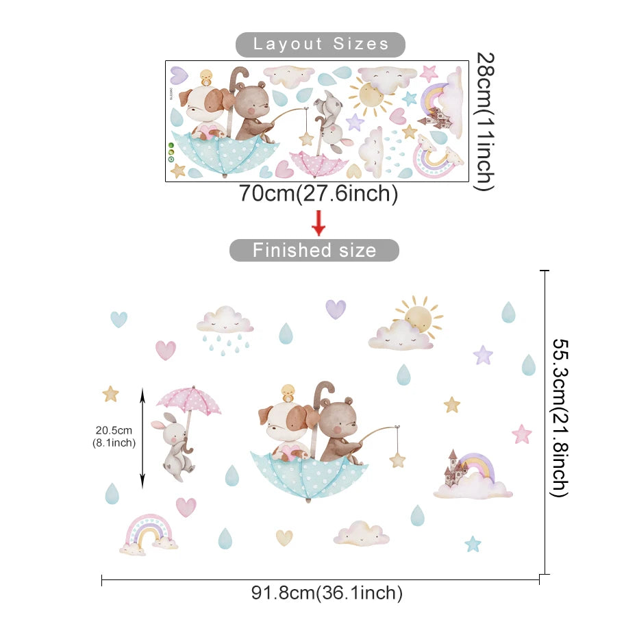 Wall decal set with cartoon animals and measurements on a white background