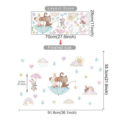 Wall decal set with cartoon animals and measurements on a white background