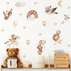 Children's room decor with teddy bear, wall stickers of animals and balloons, and wooden shelf.