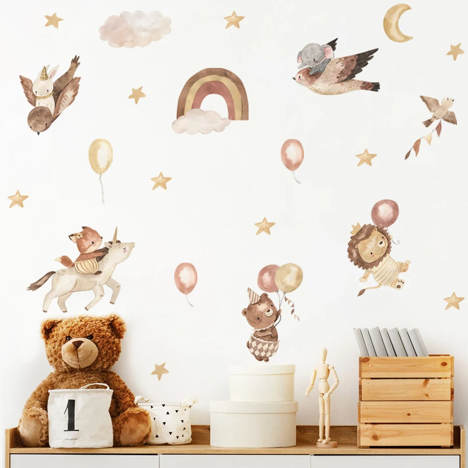 Children's room decor with teddy bear, wall stickers of animals and balloons, and wooden shelf.