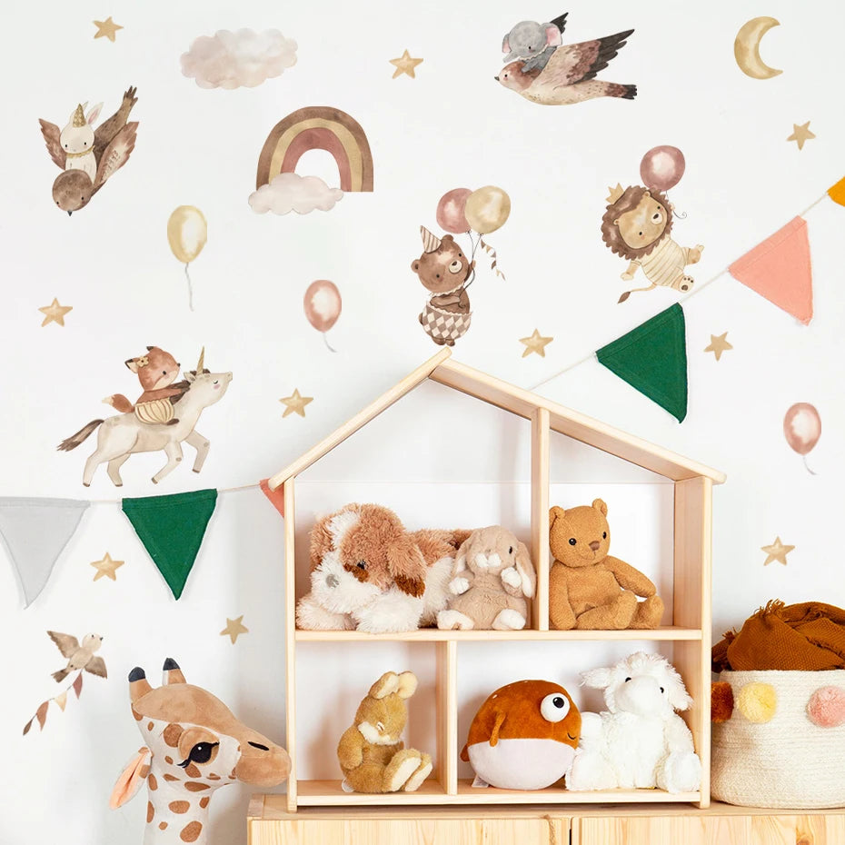 Children's room with wooden shelf displaying plush toys, wall stickers of animals and objects, and colorful flags.