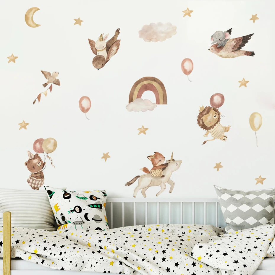 Children's room with wall stickers of animals, rainbow, and balloons on a white wall.