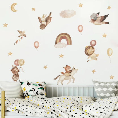 Children's room with wall stickers of animals, rainbow, and balloons on a white wall.