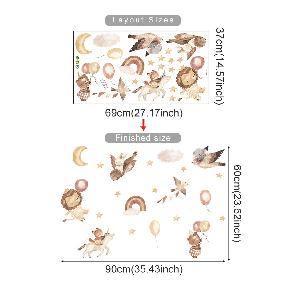 Illustration of layout sizes with cartoon animals and objects on a white background