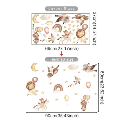 Illustration of layout sizes with cartoon animals and objects on a white background