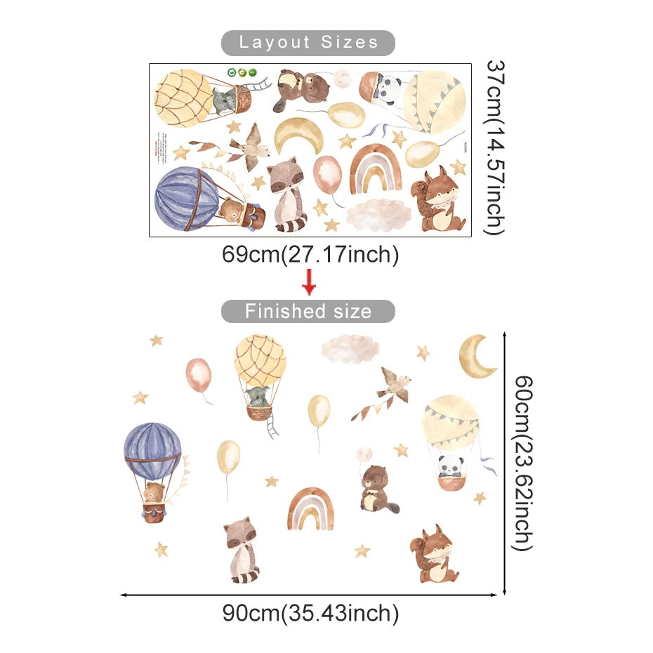 Measurement chart of wall stickers with layout sizes and finished dimensions.