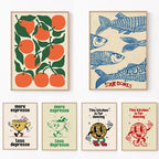 Set of framed prints with fruit, fish, espresso, and dancing characters designs.