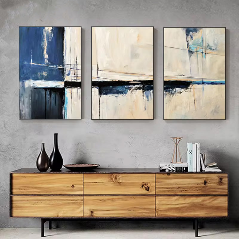 Retro Vintage Abstract Blue Gray Color Block Wall Art Fine Art Canvas Prints Pictures For Modern Apartments Contemporary Interior Decor