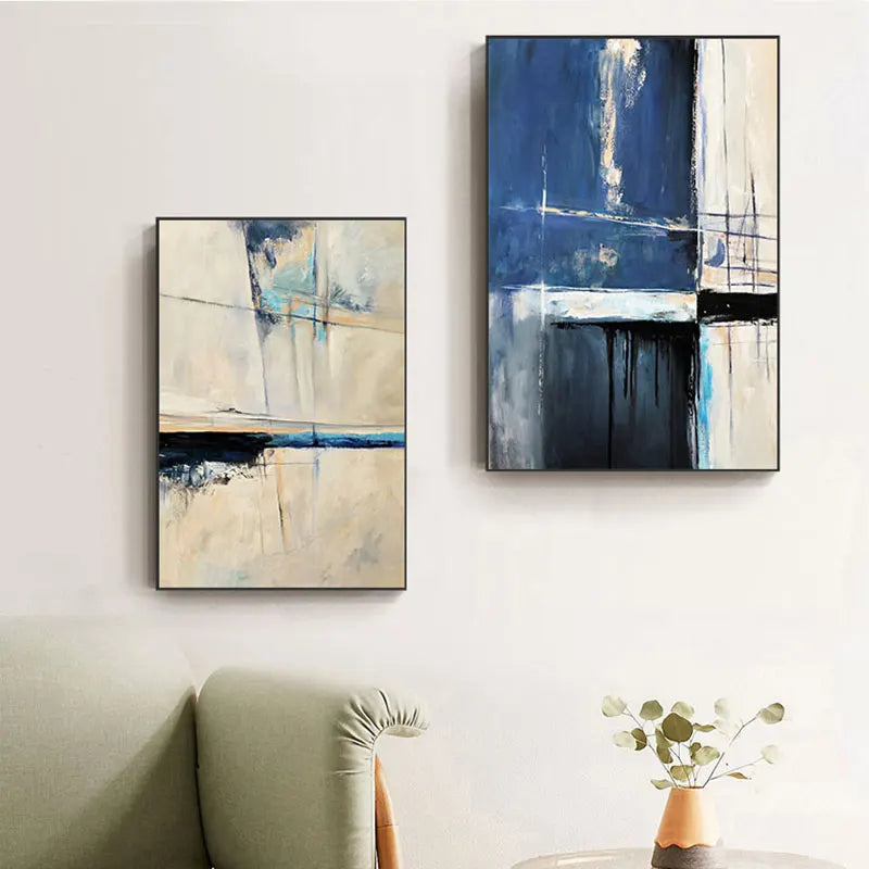 Retro Vintage Abstract Blue Gray Color Block Wall Art Fine Art Canvas Prints Pictures For Modern Apartments Contemporary Interior Decor 2024