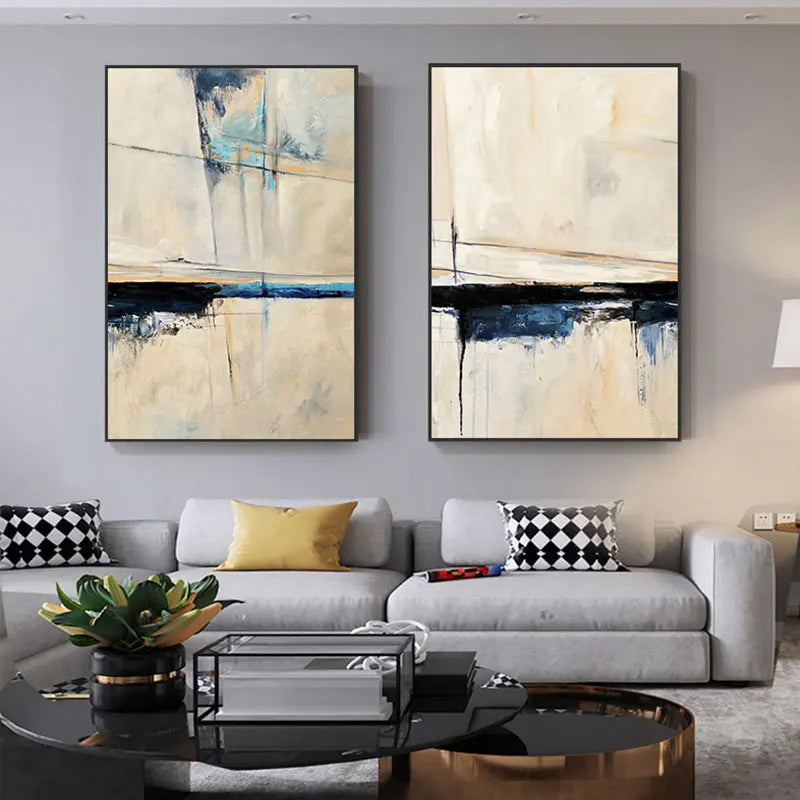 Retro Vintage Abstract Blue Gray Color Block Wall Art Fine Art Canvas Prints Pictures For Modern Apartments Contemporary Interior Decor 2024