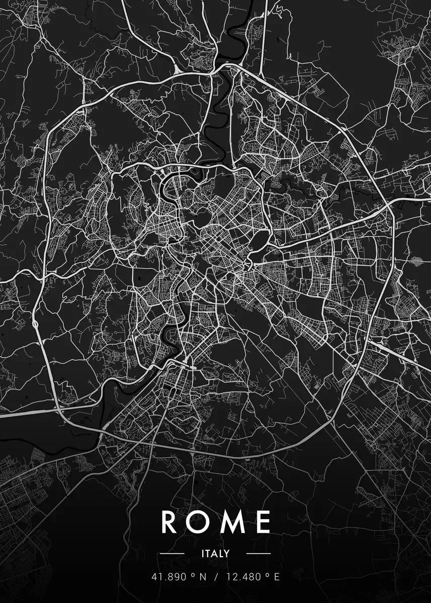 Black and white map of Rome, Italy with city layout.