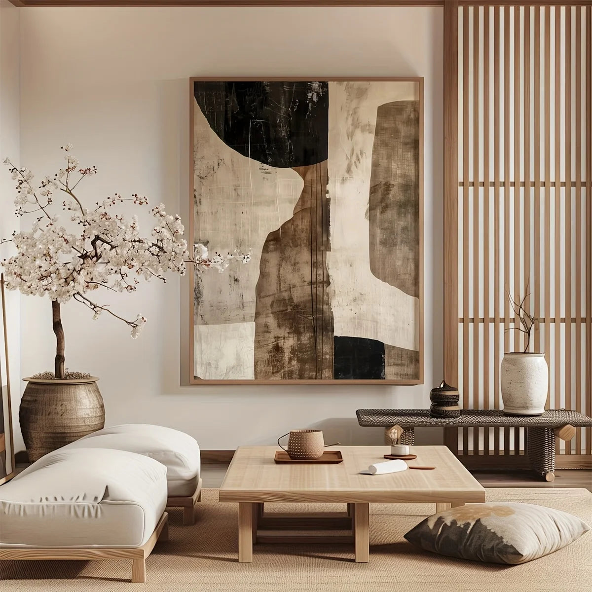 Modern living room with abstract art, wooden coffee table, and decorative elements.