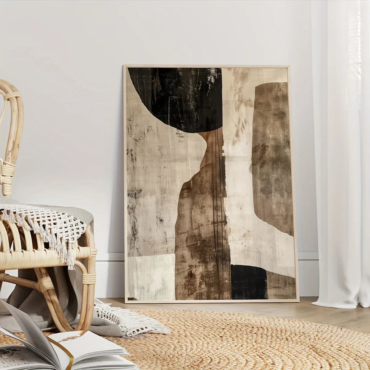 Abstract art piece on a wall in a room with a chair and open book.