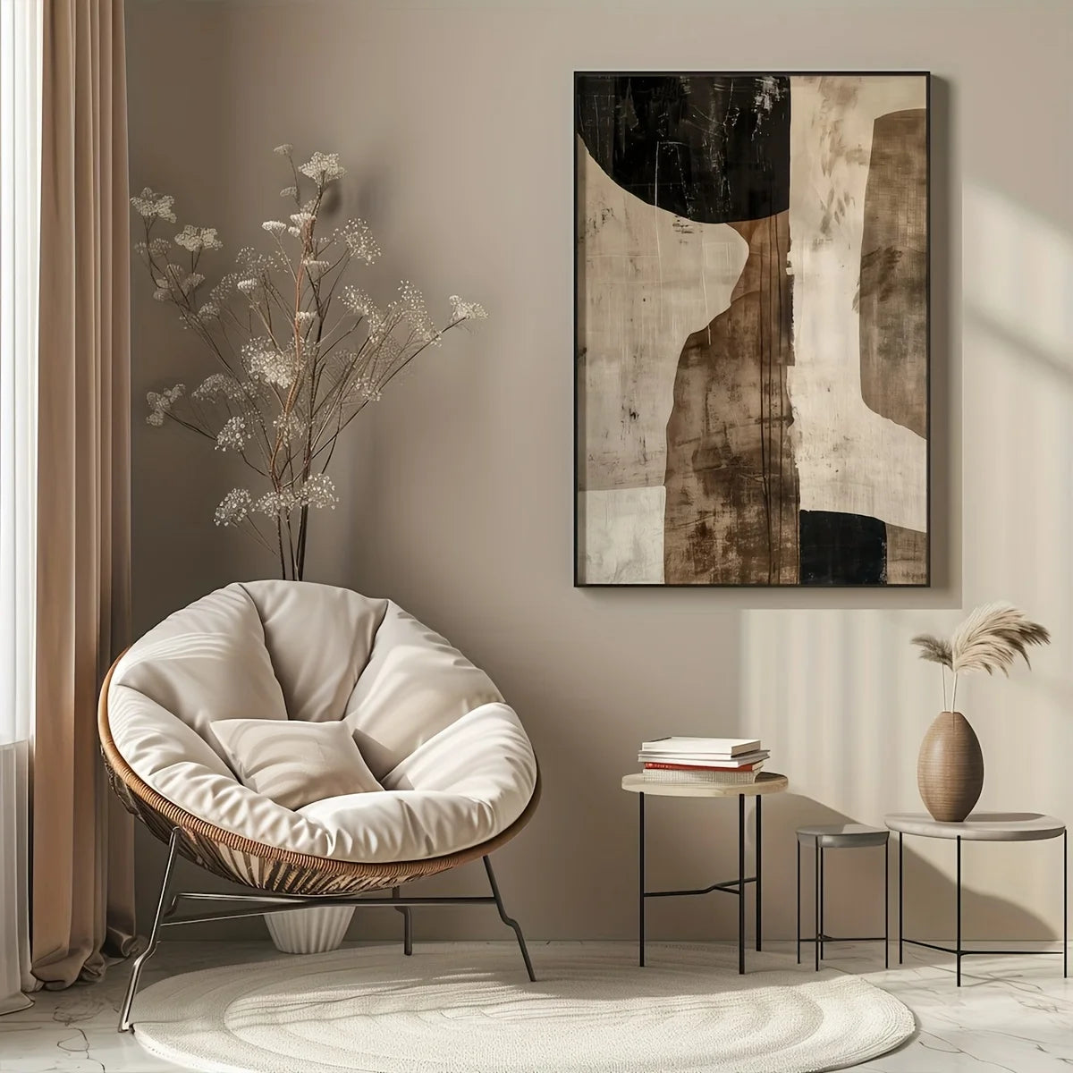 Modern interior with a papasan chair, abstract art, and side tables.