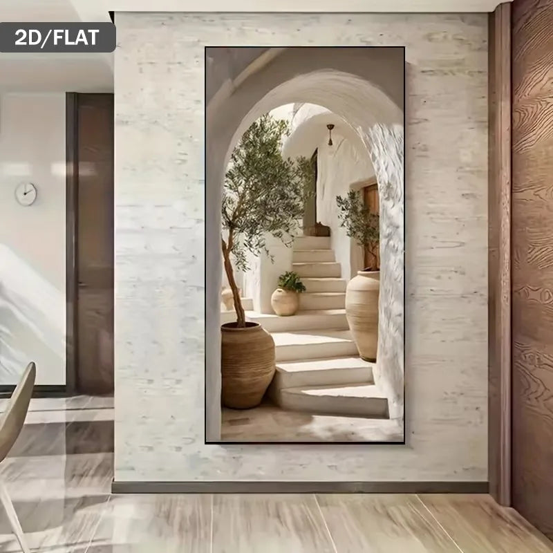 Rustic Mediterranean Passageway Terracotta Olive Tree Vista Wall Art Fine Art Canvas Print Escapist Artwork For Living Room Dining Room Modern Foyer Art Decor