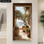 Decorative wall art of a coastal scene with plants and ocean view.