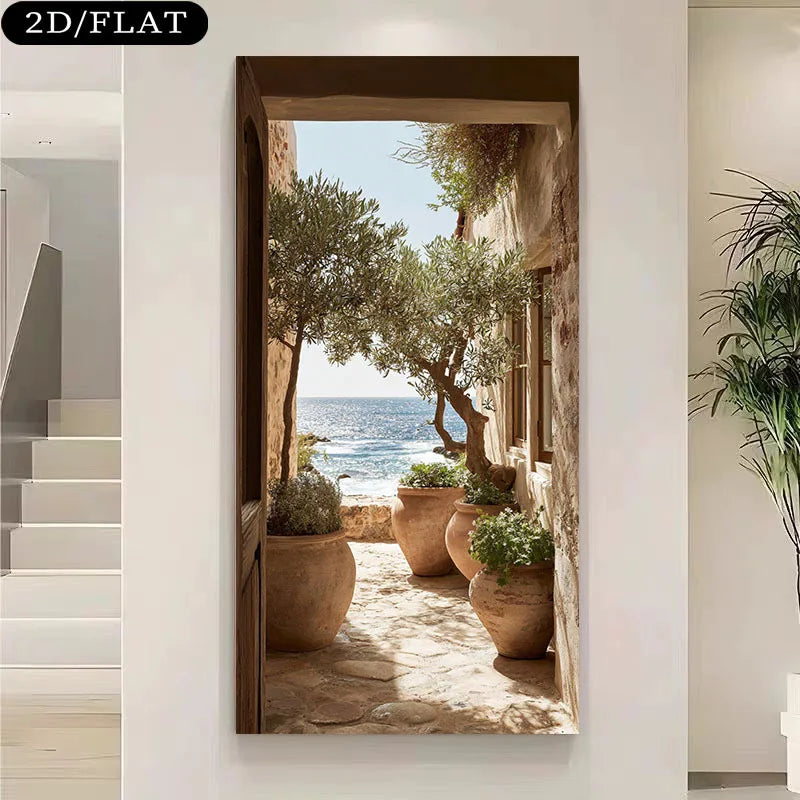 Decorative wall art of a coastal scene with plants and ocean view.