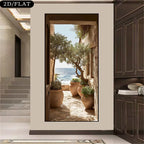 Decorative wall art of a coastal scene with pots and trees in a modern interior setting.
