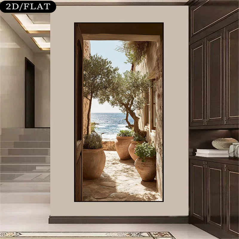 Decorative wall art of a coastal scene with pots and trees in a modern interior setting.