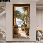 Decorative wall panel with an outdoor scene of trees and ocean view, placed in a modern interior setting.