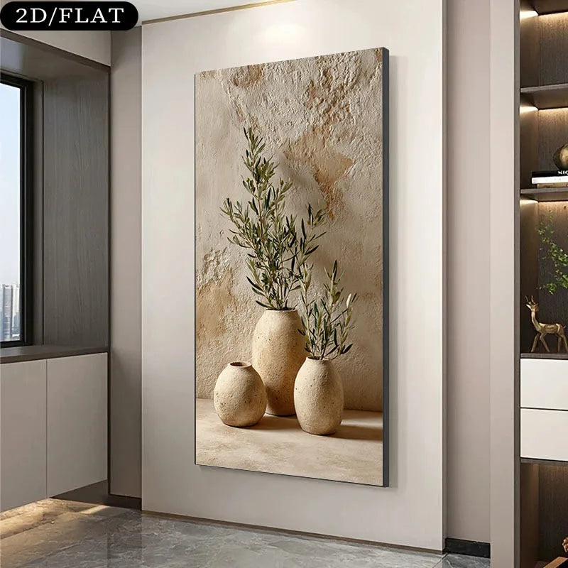 Decorative wall art with vases and plants on a textured background in a modern interior setting.