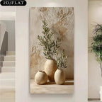 Decorative wall art with stone texture and vases on a neutral background