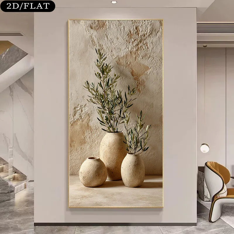 Decorative wall art with vases and plants in a modern interior setting
