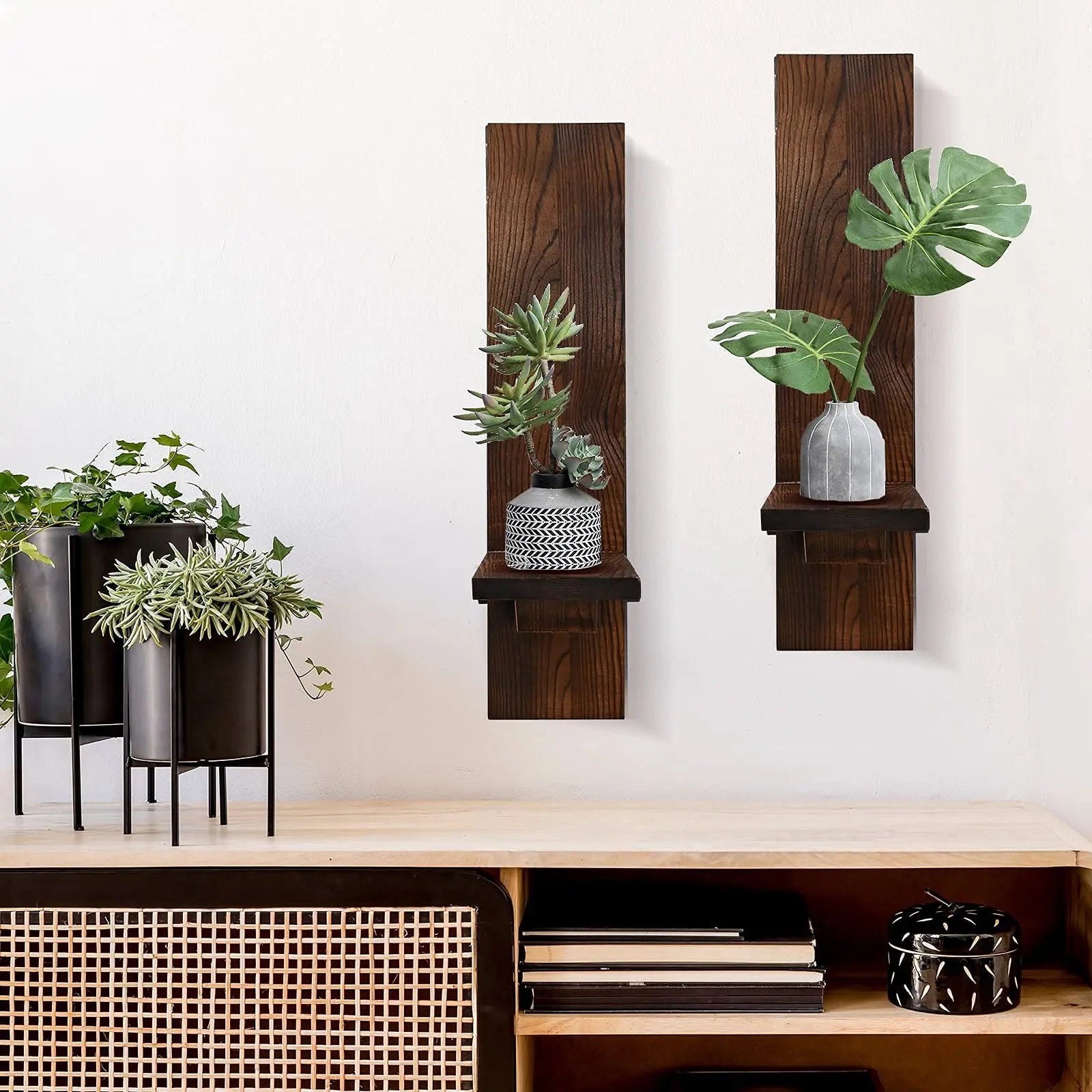 Wooden wall shelves with plants on a white wall