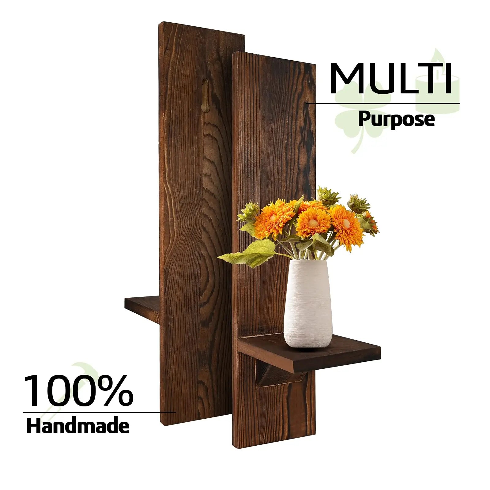 Wooden wall shelf with a vase of flowers on a white background, labeled 'Multi-Purpose' and '100% Handmade'.
