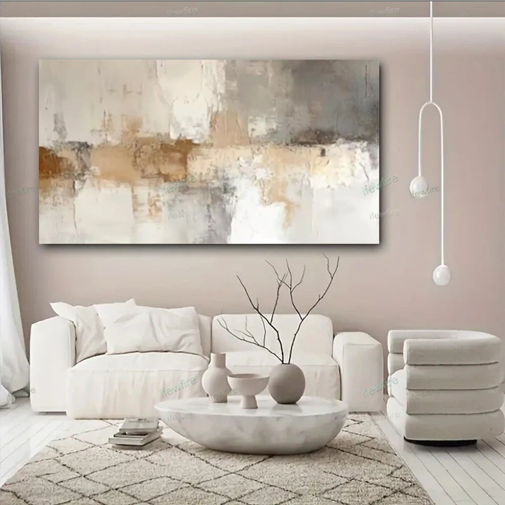 Modern living room with white furniture, abstract painting, and decorative items.