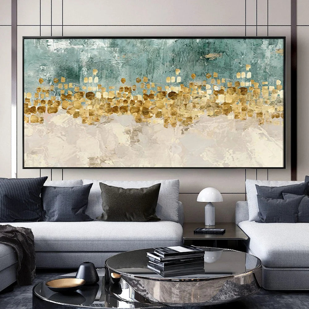 Modern living room with abstract art on the wall, gray sofa, and round coffee table.