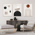 Modern living room with abstract wall art and a console table.