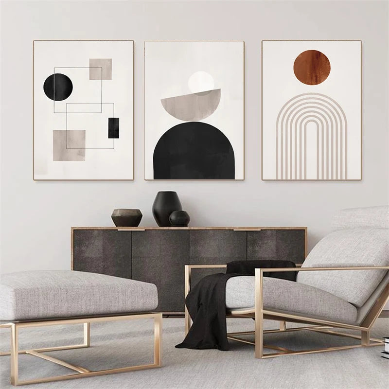 Modern living room with abstract wall art and a console table.