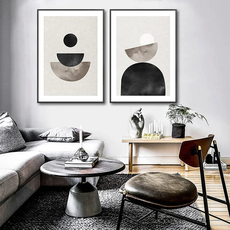 Modern living room with abstract wall art, a sofa, and coffee table.