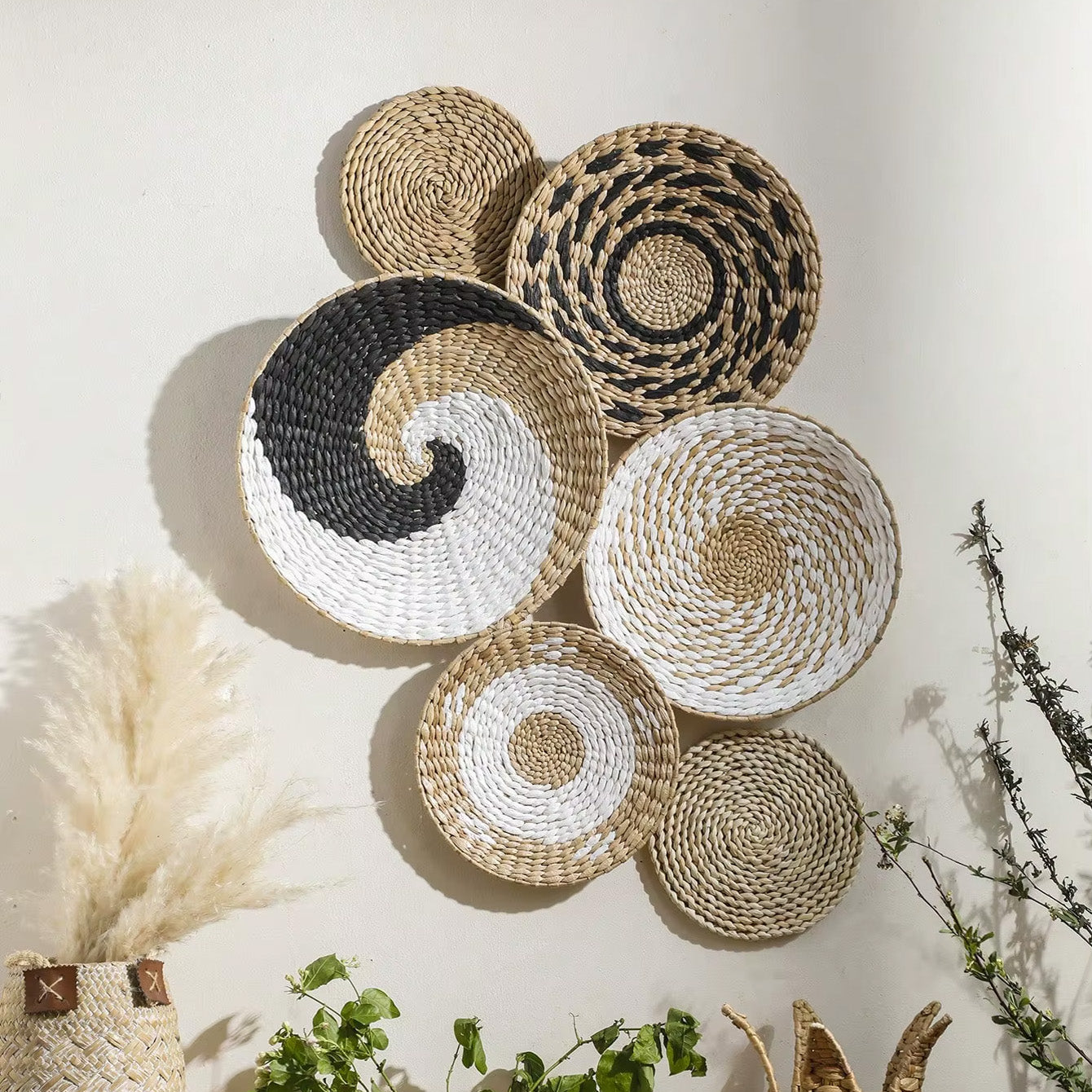 Rustic Nordic Farmhouse Handmade Wicker Weave Discs Wall Hanging Decorations Table Mats For Kitchen Living Room Coffee Table Dining Room Home Decor