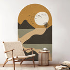 Rustic River Sunset Wall Mural – Mountain Landscape Archway Wall Decal Self-Adhesive Wall Art for Lounge & Living Spaces