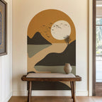 Rustic River Sunset Wall Mural – Mountain Landscape Archway Wall Decal Self-Adhesive Wall Art for Lounge & Living Spaces